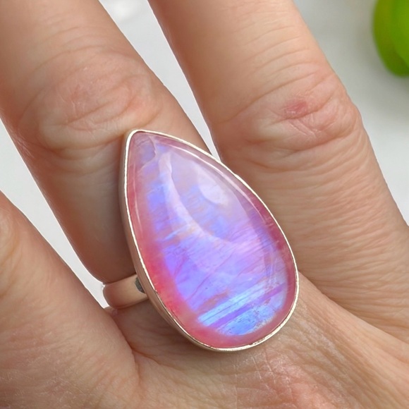 Pink Rainbow Moonstone Ring Size 8 3/4 New Chunky Sterling Silver 925 Overlay - Picture 4 of 11